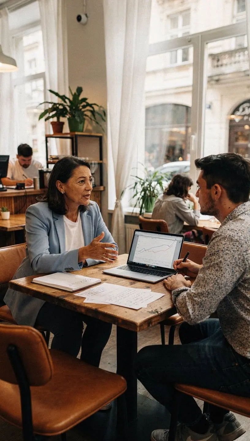 Fiatal szakember mentorával konzultál, hogy pénzügyi ismereteit rendszerezett tananyag alapján fejlessze.